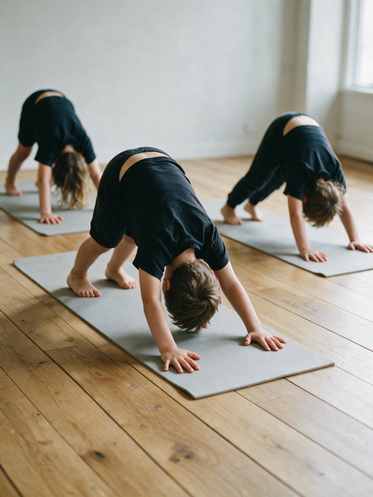 Kind im herabschauenden Hund auf einer Yogamatte, von hinten fotografiert, KI-erzeugtes Symbolbild